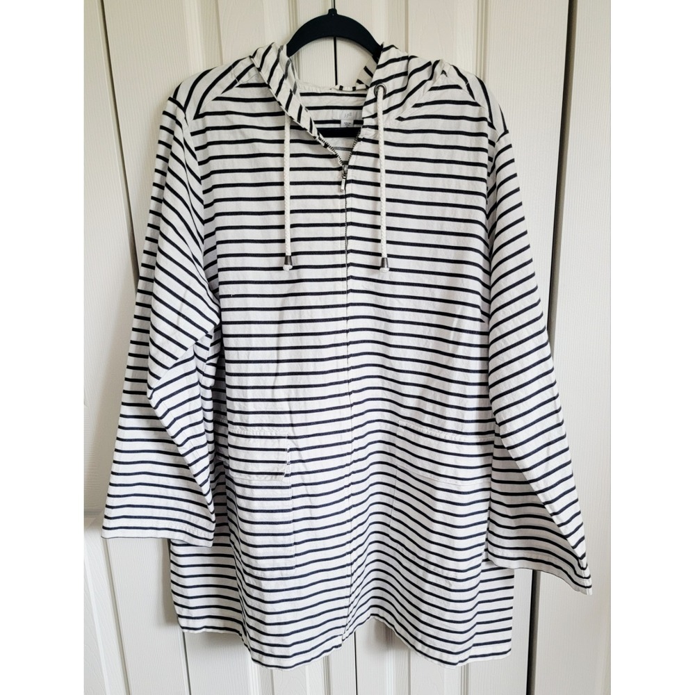 J. Jill 2X Hoodie Jacket Womens White Dk Gray Stripes Full Zip Cotton NEW